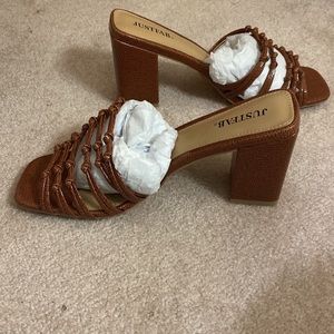 Brown open-toed backless sandal heels